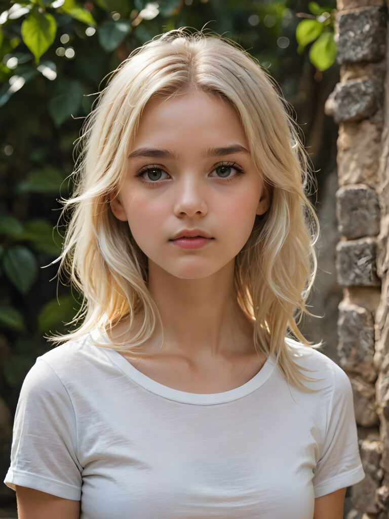 a breathtakingly detailed and hyperrealistic (((professional photograph))), portraying an intensely sorrowful expression on the face of a young girl with luxuriantly flowing, untamed, straight, silky white blonde hair cascading down her shoulders, despite its perfect length and texture suggesting advanced age, paired with a minimalist ((white short sleeve T-shirt))