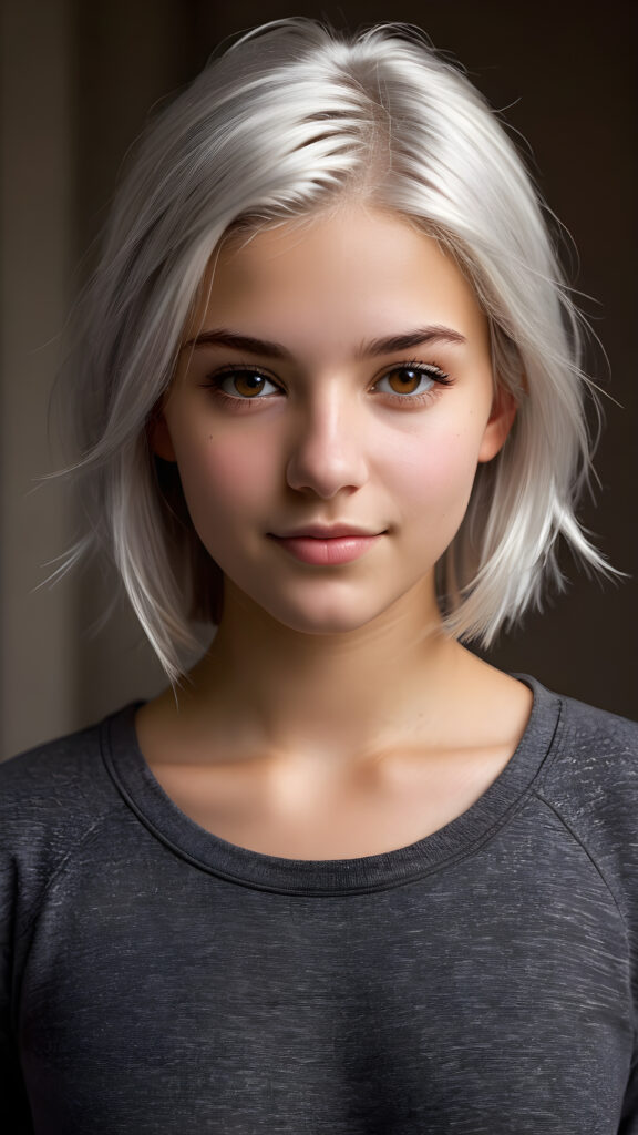 a breathtakingly realistic upper body portrait of a (((teenage girl))) with intricate platinum-white hair and striking, realistically detailed brown eyes, gazing confidently at the camera with a warm smile, her flawlessly proportioned figure on full display in a super short, sleek grey top that accentuates every curve