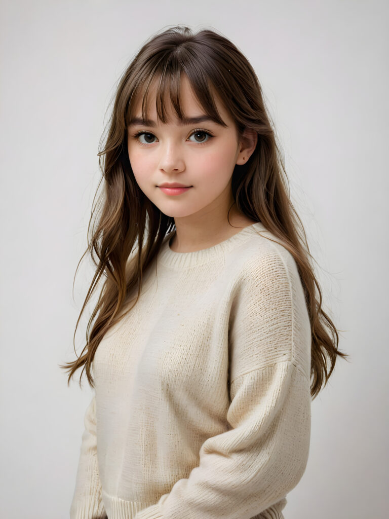 a breathtakingly realistic (((portrait))), capturing the essence of a youthful teen girl with a flawlessly proportioned upper body, long, straight soft hair, bangs cut, aged 15, wears a thin wool sweater, posed confidently before the viewer, ((a white canvas as a background)), ((side view))