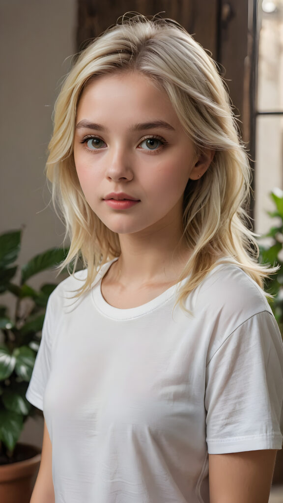 a breathtakingly detailed and hyperrealistic (((professional photograph))), portraying an intensely sorrowful expression on the face of a young girl with luxuriantly flowing, untamed, straight, silky white blonde hair cascading down her shoulders, despite its perfect length and texture suggesting advanced age, paired with a minimalist ((white short sleeve T-shirt))