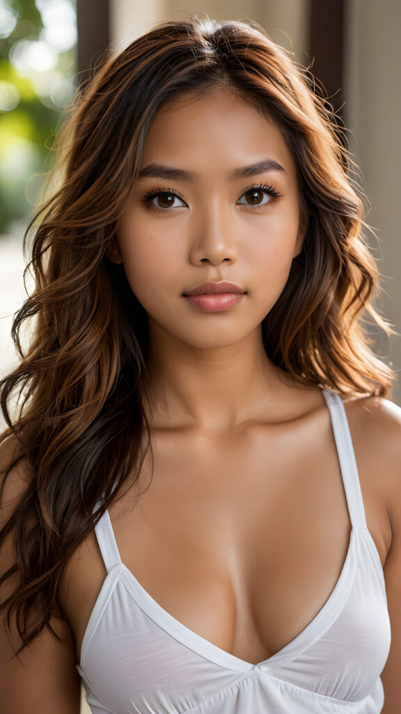 a breathtakingly (((realistic portrait))), capturing the essence of youthful beauty, featuring a (((Filipino girl))) who exudes (((serene elegance))), with flowing (((hair))), and a (((flawlessly detailed angelic face))), where her (((soft, realistic hazelnut eyes)) ) gaze sadly towards the viewer, wear a crop short tank top with deep v-neck, perfect pose, full body view