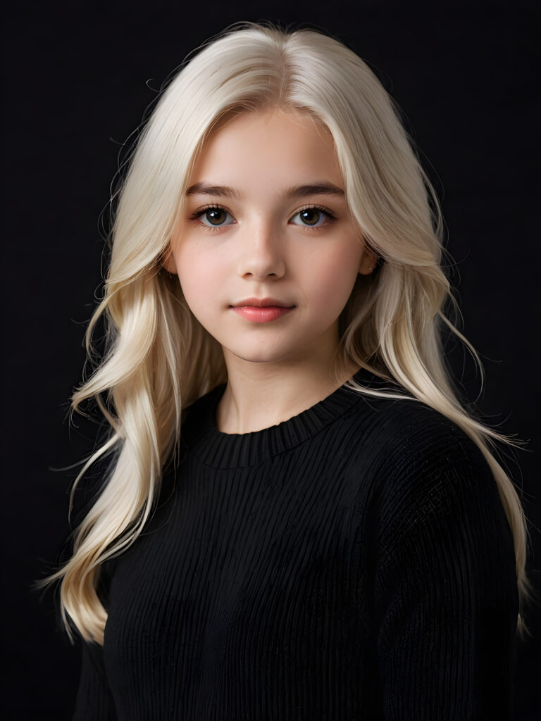 a breathtakingly (((detailed and realistic)) photograph of a young girl, 13 years old, with luxurious, jet-thick, straight long white hair and side-swept bangs, exuding an air of sophistication, framed by a round face, wearing a finely knitted wool sweater against a soft (((black backdrop)))