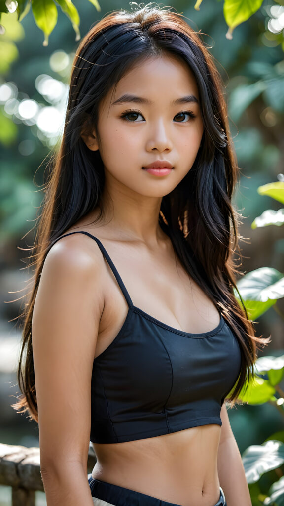 a breathtakingly realistic and detailed portrayal of a cute (((Vietnamese teenage girl))), flawlessly smooth skin, with intricate details and exquisite features, her (((long silky smooth straight black soft hair, her hair reaches down to her waist))) is luxuriously detailed, reflecting soft dimmed light, around her (round face and kissable lips) with its (perfectly rounded contours) and (detailed, amber eyes), she wears a (super short tight crop tank top) that showcases her (flawlessly proportioned upper body), (natural backdrop) ((side view))