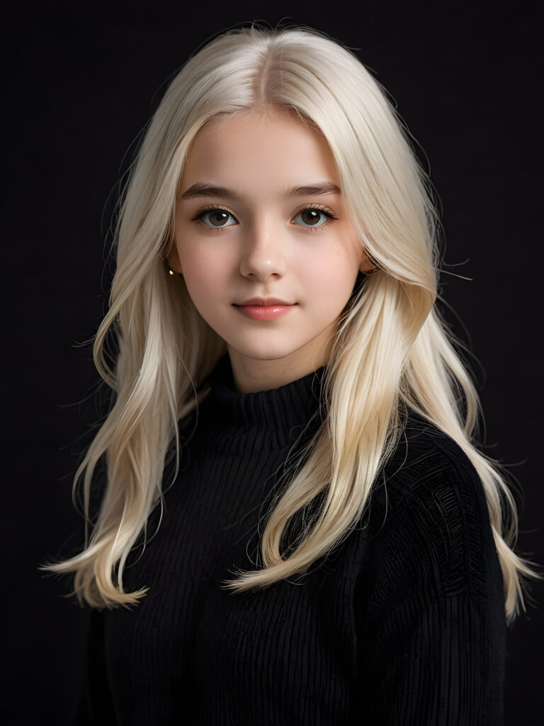 a breathtakingly (((detailed and realistic)) photograph of a young girl, 13 years old, with luxurious, jet-thick, straight long white hair and side-swept bangs, exuding an air of sophistication, framed by a round face, wearing a finely knitted wool sweater against a soft (((black backdrop)))