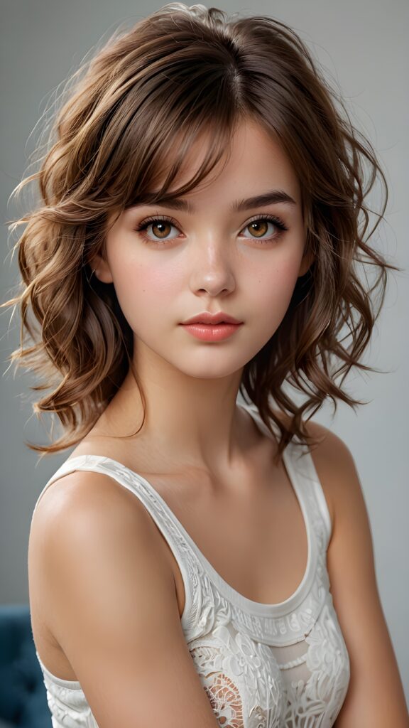 a breathtakingly detailed and advanced (((masterpiece))), a 15-year-old (((cute))) and elegant ((attractive female model)) with intricate hairstyle featuring soft, wavy bangs cut and sleek, detailed curls around her forehead, striking white short tank top that highlights her perfect, curved body, advanced realism bringing out every detail from her ultra realistic, exotic facial features with beautifully detailed, contrasting realistic amber eyes, down to her ultra detailed, highly defined, skinny hands and feet, all captured in an ultra high resolution image with advanced, advanced lighting techniques like sharp focus on her face while blurring the background for a sense of depth, giving off a vintage vibe with a hint of modern elegance