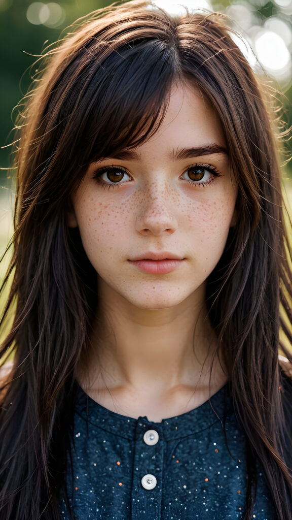 a breathtakingly beautiful (((14-year-old emo girl))) with warm amber eyes and luxuriously thick (((dark brown soft hair))), which subtly shift towards a deep navy at the tips, framing a face and a serenely fair complexion ((freckles))