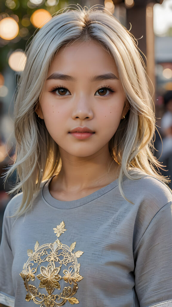 a breathtakingly realistic portrayal of a (((Asian teenage girl))) with intricate details and exquisite features. Her (((straight platinum hair))) is luxuriously detailed, reflecting soft, (golden light) around her (13-year-old face) with its (perfectly rounded contours) and (detailed, brown eyes) that sparkle with warmth. She wears a super short, tight (grey shirt) that showcases her (flawlessly proportioned upper body), capturing the essence of youthful beauty and realism