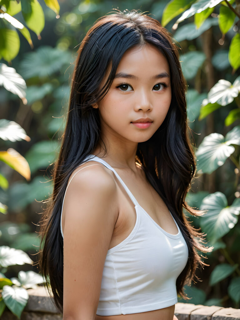 a breathtakingly realistic and detailed portrayal of a cute (((Vietnamese teenage girl))), flawlessly smooth skin, with intricate details and exquisite features, her (((long silky smooth straight black soft hair, her hair reaches down to her waist))) is luxuriously detailed, reflecting soft dimmed light, around her (round face and kissable lips) with its (perfectly rounded contours) and (detailed, amber eyes), she wears a (super short tight crop tank top) that showcases her (flawlessly proportioned upper body), (natural backdrop) ((side view))