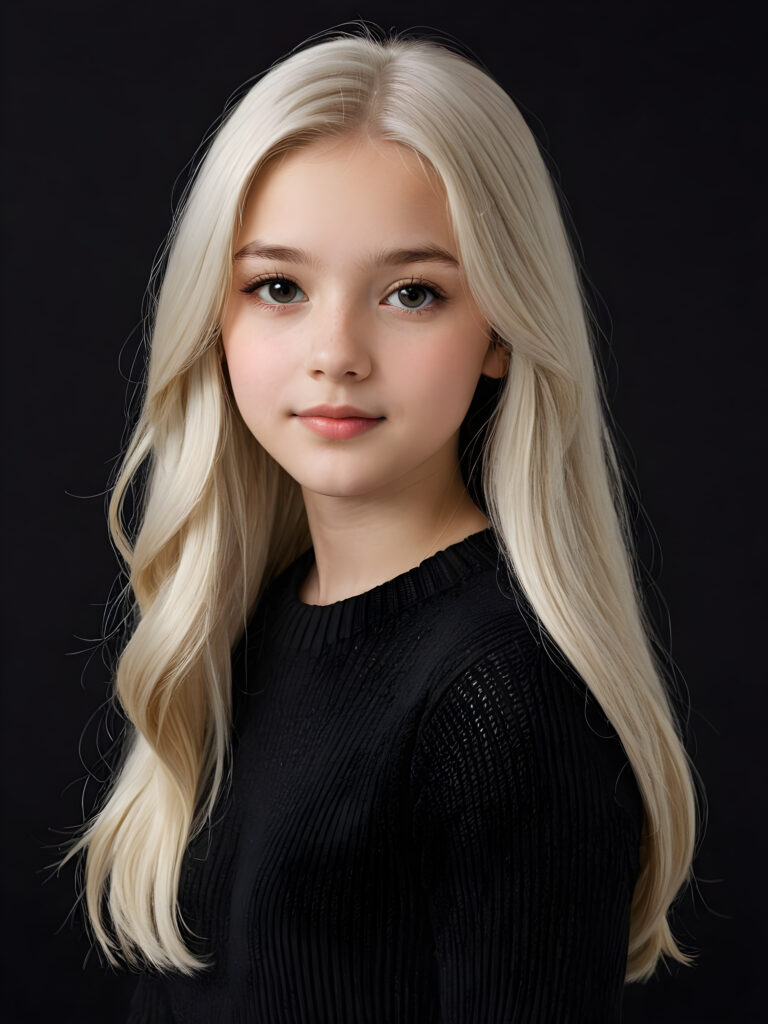 a breathtakingly (((detailed and realistic)) photograph of a young girl, 13 years old, with luxurious, jet-thick, straight long white hair and side-swept bangs, exuding an air of sophistication, framed by a round face, wearing a finely knitted wool sweater against a soft (((black backdrop)))