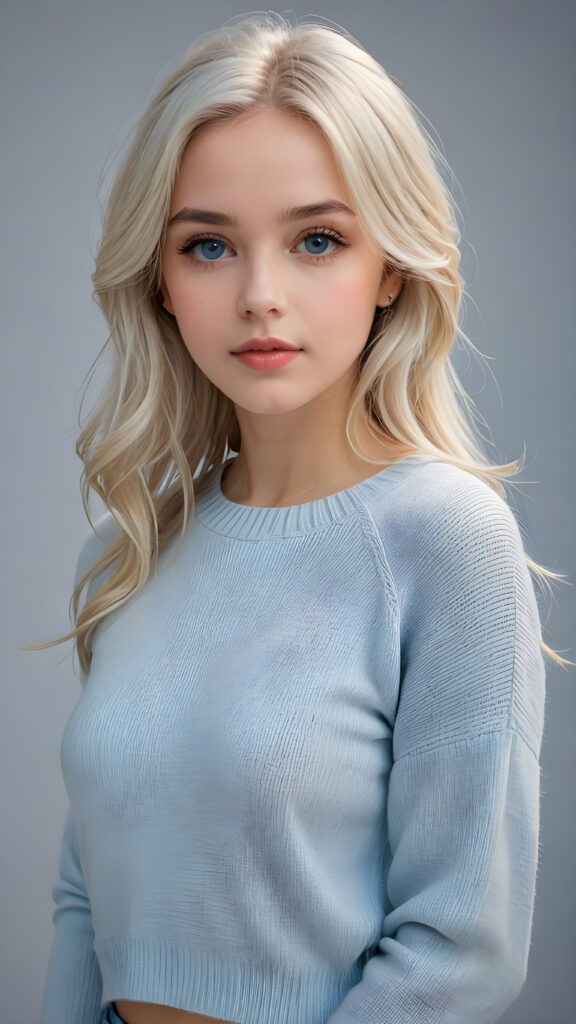 a breathtakingly realistic (((portrait))), capturing the essence of a youthful teen girl with a flawlessly proportioned upper body, perfect curved fit body, long, straight, soft and sleek white hair, round angelic face with full kissable lips, wears a thin and super sleek crop wool sweater, light blue eyes, posed confidently before the viewer, ((a white canvas as a background))