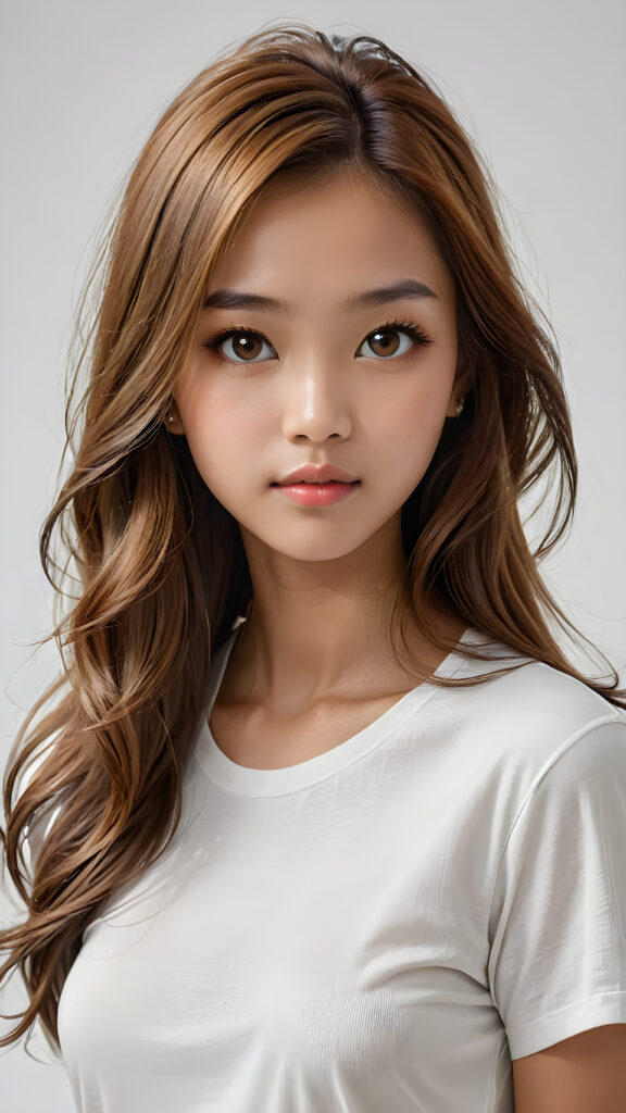 a breathtakingly (((realistic portrait))), capturing the essence of youthful beauty, featuring a (((Burmese teen girl))) who exudes (((serene elegance))), with long, flowing (((straight hazelnut hair))), and a (((flawlessly detailed angelic face))), where her (((soft, realistic hazelnut eyes)) ) gaze sadly towards the viewer from a (side perspective). She is clad in a (super short, sharply tailored (((white T-shirt))), cut from thin silk), with flawless anatomical proportions that draw the eye, against a (subtle, uncluttered backdrop of white). The overall atmosphere evokes a (cinematic sophistication) that exudes timeless appeal