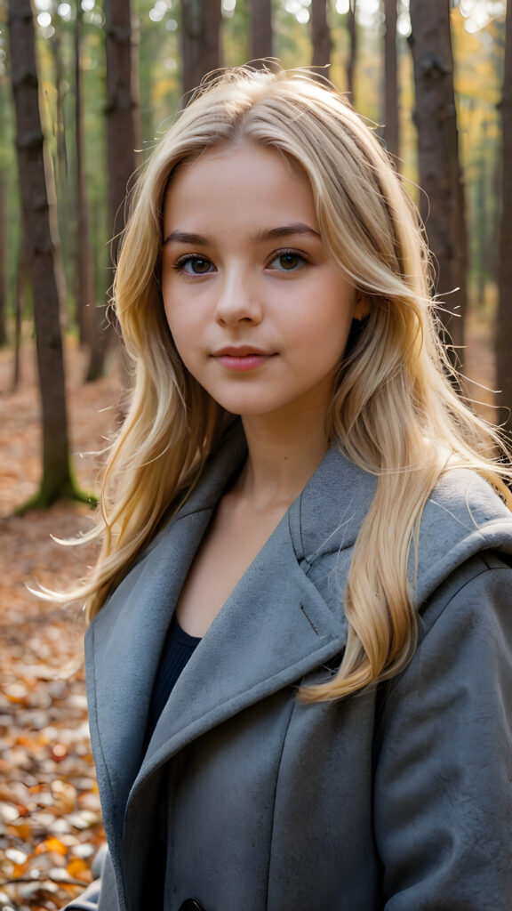 a breathtakingly beautiful natural (((teen girl))) with warm brown eyes and luxuriously thick (((blond soft hair, shoulder-length hair))), full lips, ((wears a grey winter coat and stands in an autumnal forest))