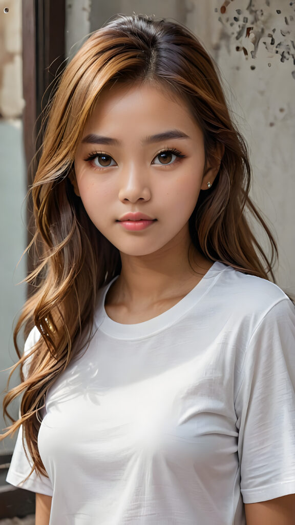 a breathtakingly (((realistic portrait))), capturing the essence of youthful beauty, featuring a (((Burmese teen girl))) who exudes (((serene elegance))), with long, flowing (((straight hazelnut hair))), and a (((flawlessly detailed angelic face))), where her (((soft, realistic hazelnut eyes)) ) gaze sadly towards the viewer from a (side perspective). She is clad in a (super short, sharply tailored (((white T-shirt))), cut from thin silk), with flawless anatomical proportions that draw the eye, against a (subtle, uncluttered backdrop of white). The overall atmosphere evokes a (cinematic sophistication) that exudes timeless appeal