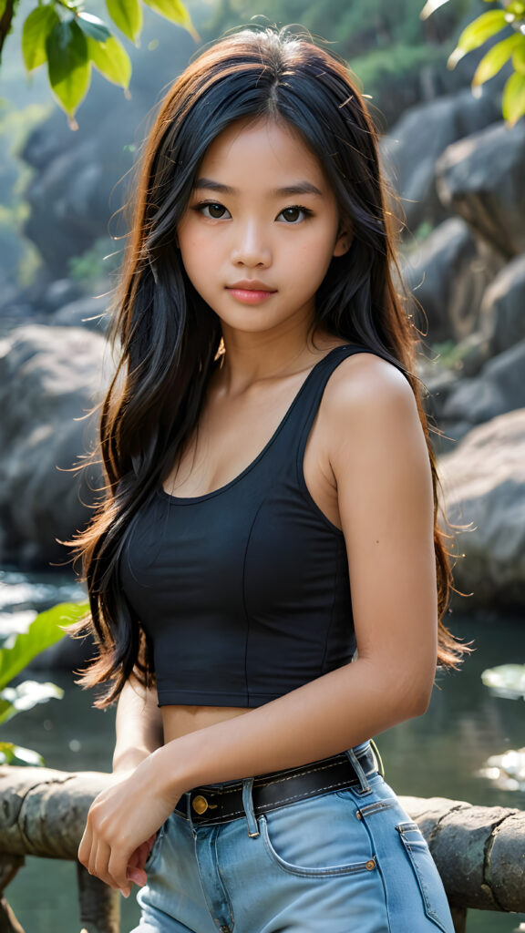 a breathtakingly realistic and detailed portrayal of a cute (((Vietnamese teenage girl))), flawlessly smooth skin, with intricate details and exquisite features, her (((long silky smooth straight black soft hair, her hair reaches down to her waist))) is luxuriously detailed, reflecting soft dimmed light, around her (round face and kissable lips) with its (perfectly rounded contours) and (detailed, amber eyes), she wears a (super short tight crop tank top) that showcases her (flawlessly proportioned upper body), (natural backdrop) ((side view))