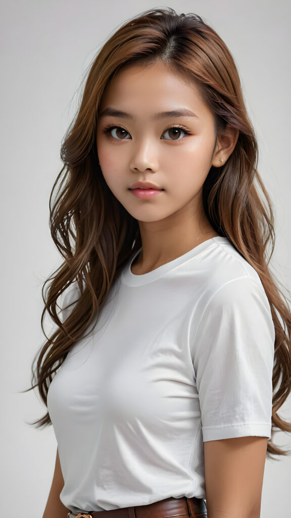 a breathtakingly (((realistic portrait))), capturing the essence of youthful beauty, featuring a (((Burmese teen girl))) who exudes (((serene elegance))), with long, flowing (((straight hazelnut hair))), and a (((flawlessly detailed angelic face))), where her (((soft, realistic hazelnut eyes)) ) gaze sadly towards the viewer from a (side perspective). She is clad in a (super short, sharply tailored (((white T-shirt))), cut from thin silk), with flawless anatomical proportions that draw the eye, against a (subtle, uncluttered backdrop of white). The overall atmosphere evokes a (cinematic sophistication) that exudes timeless appeal