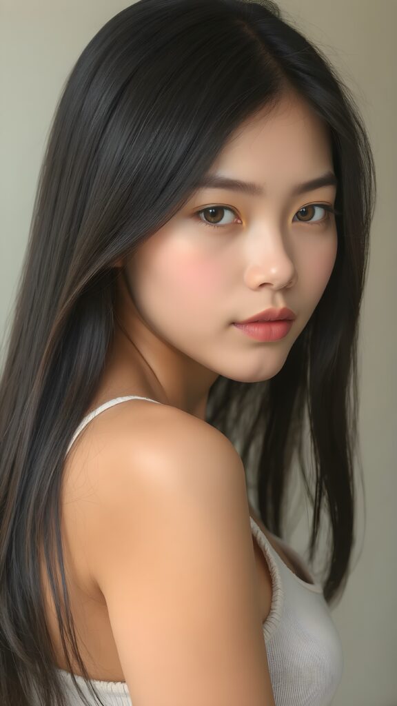 a breathtakingly realistic and detailed portrayal of a cute (((Vietnamese teenage girl))), flawlessly smooth skin, with intricate details and exquisite features, her (((long silky smooth straight black soft hair, her hair reaches down to her waist))) is luxuriously detailed, reflecting soft dimmed light, around her (round face and kissable lips) with its (perfectly rounded contours) and (detailed, amber eyes), she wears a (super short tight crop tank top) that showcases her (flawlessly proportioned upper body), (natural backdrop) ((side view))