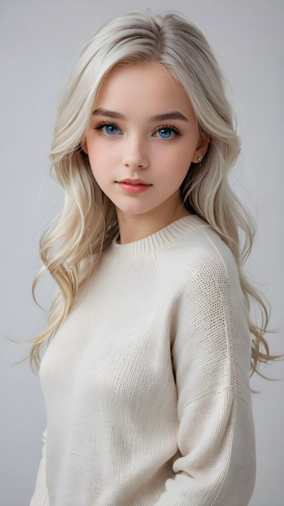 a breathtakingly realistic (((portrait))), capturing the essence of a youthful teen girl, 15 years old, with a flawlessly proportioned upper body, perfect curved fit body, long, straight, soft and sleek white hair, flawless, beautiful smooth skin, round angelic face with full kissable lips, wears a thin and super sleek wool sweater, light blue eyes, posed confidently before the viewer, ((a white canvas as a background))