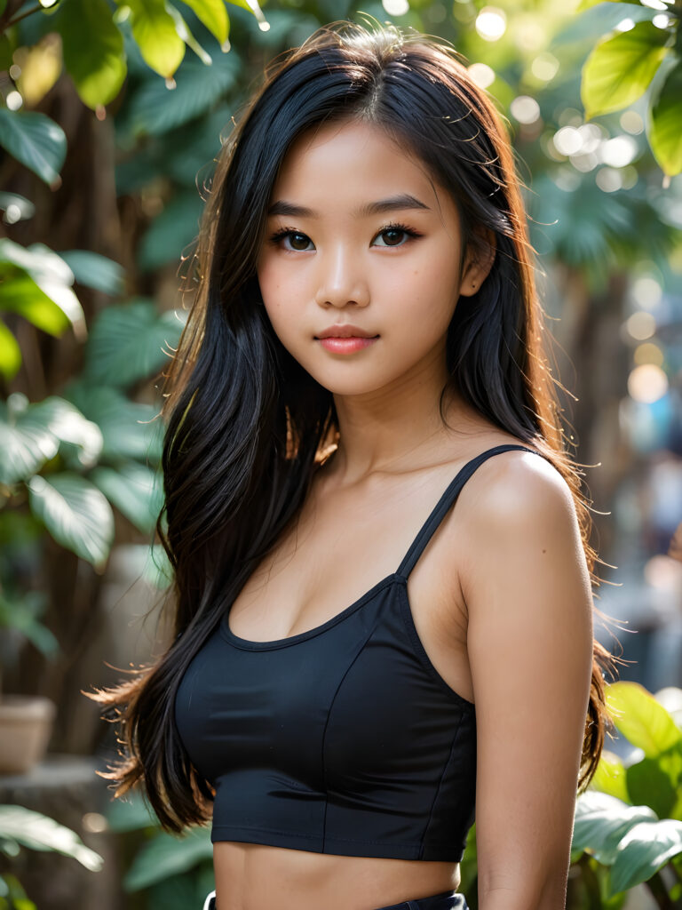 a breathtakingly realistic and detailed portrayal of a cute (((Vietnamese teenage girl))), flawlessly smooth skin, with intricate details and exquisite features, her (((long silky smooth straight black soft hair, her hair reaches down to her waist))) is luxuriously detailed, reflecting soft dimmed light, around her (round face and kissable lips) with its (perfectly rounded contours) and (detailed, amber eyes), she wears a (super short tight crop tank top) that showcases her (flawlessly proportioned upper body), (natural backdrop) ((side view))