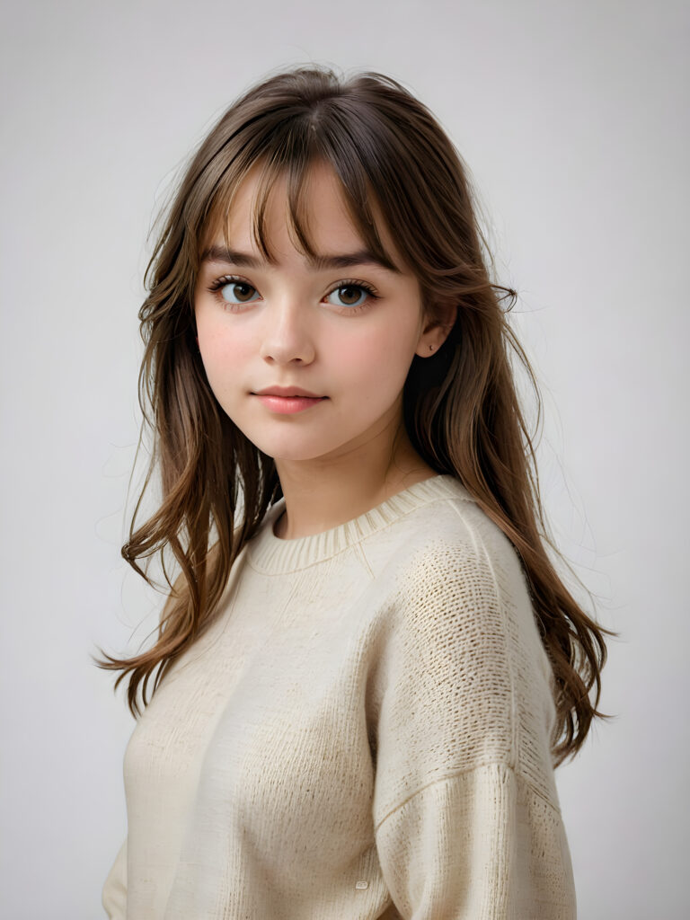 a breathtakingly realistic (((portrait))), capturing the essence of a youthful teen girl with a flawlessly proportioned upper body, long, straight soft hair, bangs cut, aged 15, wears a thin wool sweater, posed confidently before the viewer, ((a white canvas as a background)), ((side view))