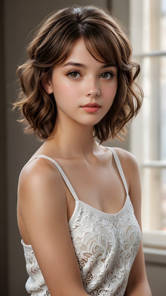 a breathtakingly detailed and advanced (((masterpiece))), a 15-year-old (((cute))) and elegant ((attractive female model)) with intricate hairstyle featuring soft, wavy bangs cut and sleek, detailed curls around her forehead, striking white short tank top that highlights her perfect, curved body, advanced realism bringing out every detail from her ultra realistic, exotic facial features with beautifully detailed, contrasting realistic amber eyes, down to her ultra detailed, highly defined, skinny hands and feet, all captured in an ultra high resolution image with advanced, advanced lighting techniques like sharp focus on her face while blurring the background for a sense of depth, giving off a vintage vibe with a hint of modern elegance