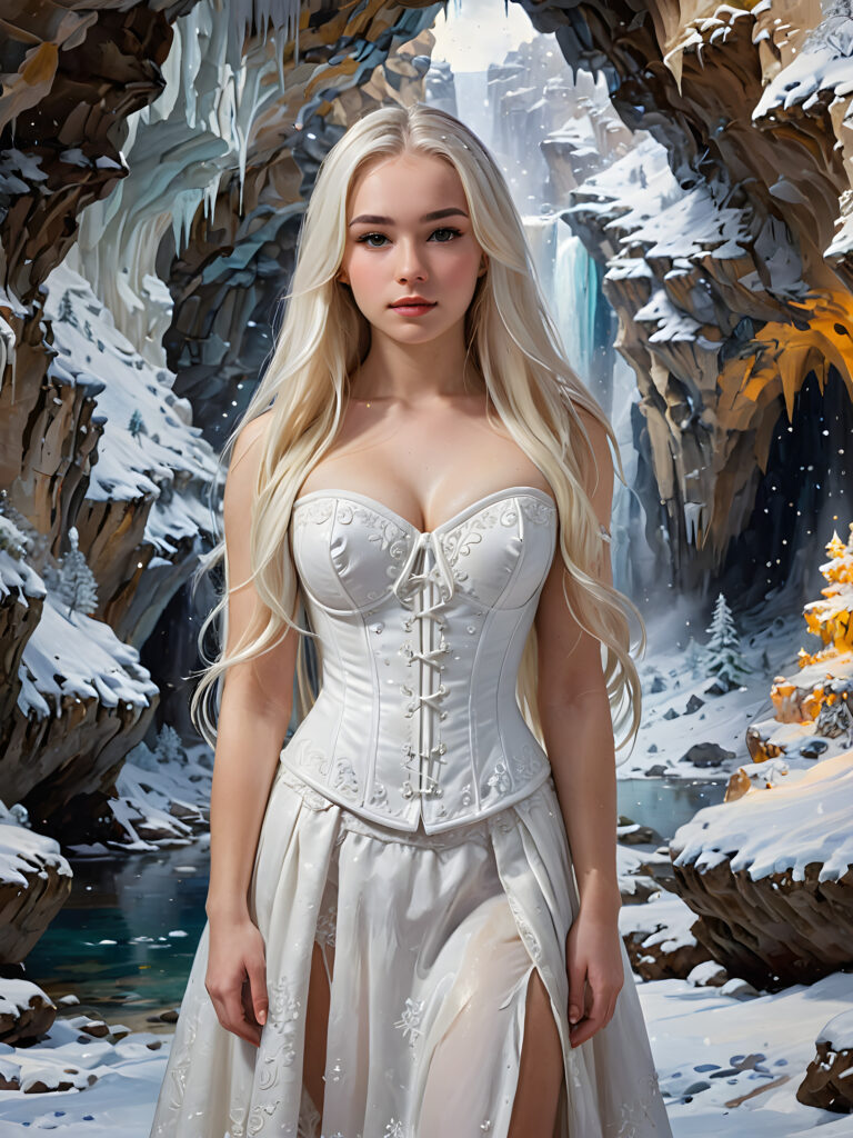 a breathtakingly beautiful ((( portrait))), capturing a youthful, busty teen girl with striking (((straight white long hair))), and a dazzling white corset, framed against a backdrop of a grand, (((snowy magical cave))), with an ethereal glow