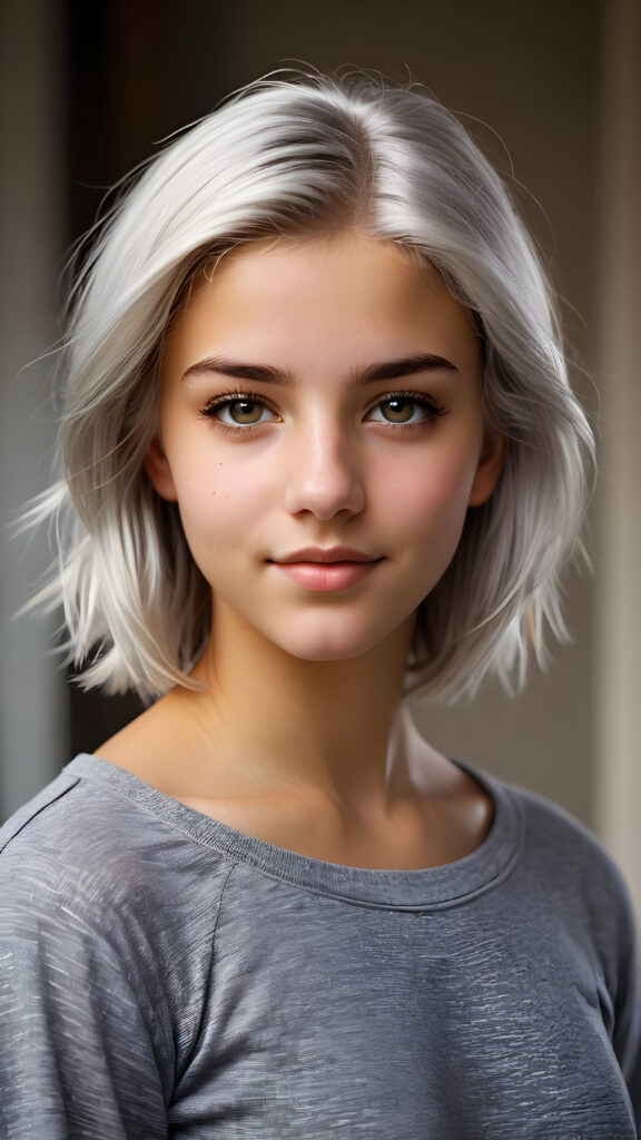 a breathtakingly realistic upper body portrait of a (((teenage girl))) with intricate platinum-white hair and striking, realistically detailed brown eyes, gazing confidently at the camera with a warm smile, her flawlessly proportioned figure on full display in a super short, sleek grey top that accentuates every curve