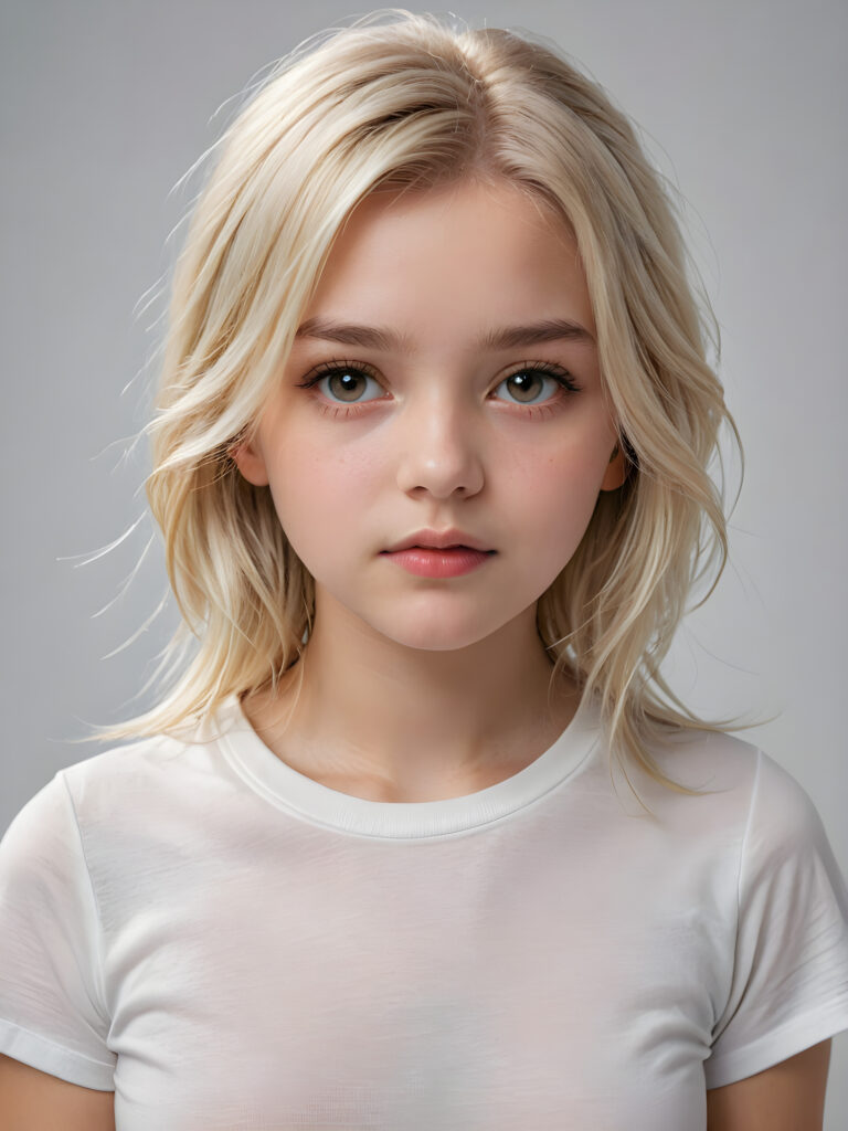 a breathtakingly detailed and hyperrealistic (((professional photograph))), portraying an intensely sorrowful expression on the face of a young girl with luxuriantly flowing, untamed, straight, silky white blonde hair cascading down her shoulders, despite its perfect length and texture suggesting advanced age, paired with a minimalist ((white short sleeve T-shirt))