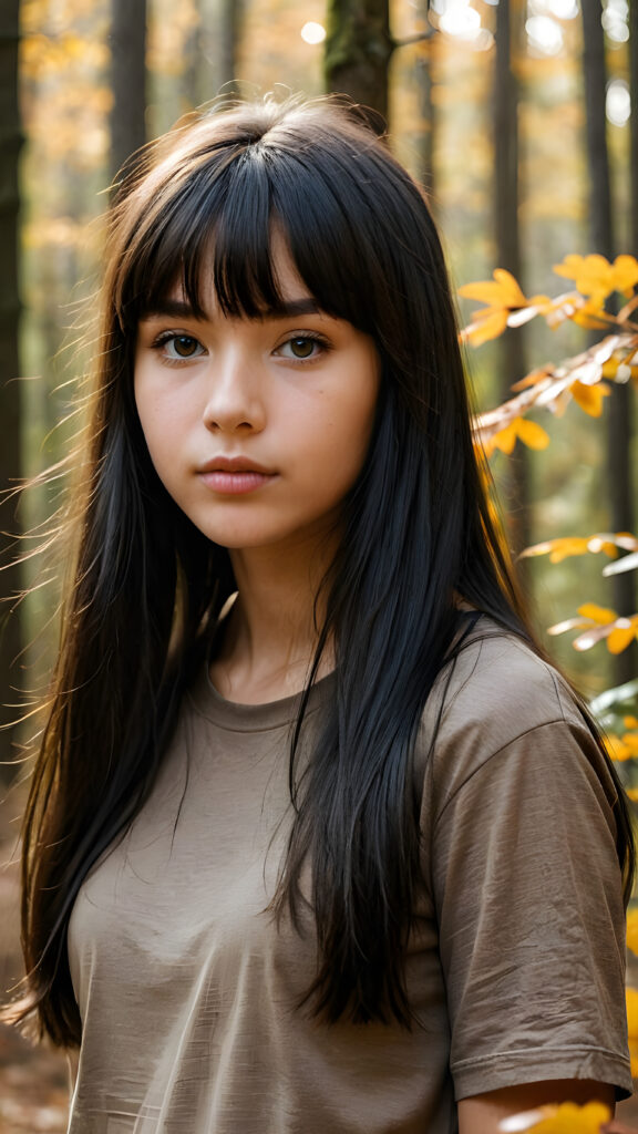 a breathtakingly beautiful natural (((15-year-old girl))) with warm amber eyes and luxuriously thick (((obsidian black long smooth straight hair, bangs))), full lips, ((wears a light brown form-fitting plain t-shirt that support her perfect body, stands in an autumnal forest))