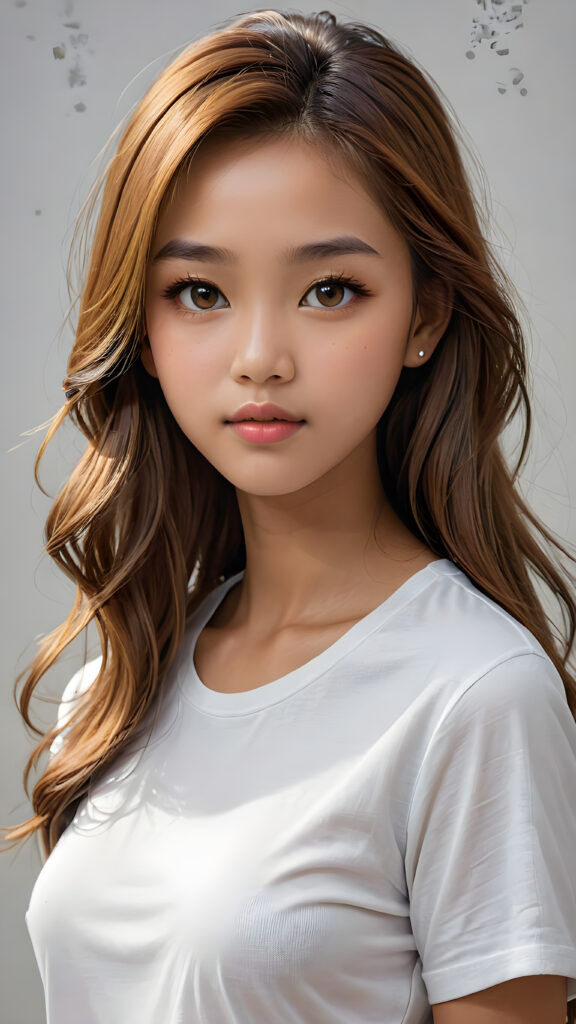 a breathtakingly (((realistic portrait))), capturing the essence of youthful beauty, featuring a (((Burmese teen girl))) who exudes (((serene elegance))), with long, flowing (((straight hazelnut hair))), and a (((flawlessly detailed angelic face))), where her (((soft, realistic hazelnut eyes)) ) gaze sadly towards the viewer from a (side perspective). She is clad in a (super short, sharply tailored (((white T-shirt))), cut from thin silk), with flawless anatomical proportions that draw the eye, against a (subtle, uncluttered backdrop of white). The overall atmosphere evokes a (cinematic sophistication) that exudes timeless appeal