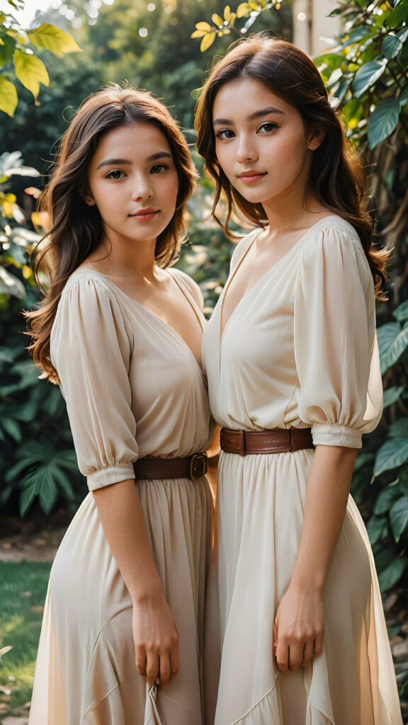 a breathtakingly poised group of two effortlessly confident young women, with striking brown eyes that draw the viewer in, standing side by side with their arms wrapped around each other's waists, dressed in flowing, Simple chiffon dresses in rich, sun-kissed hues against a (vividly backdrop)