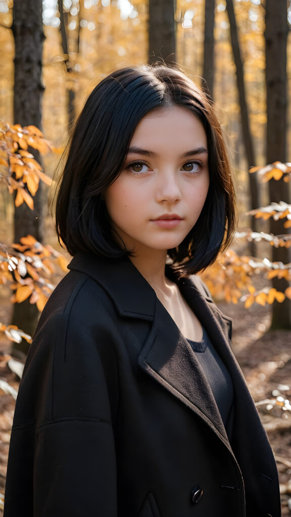 a breathtakingly beautiful natural (((16-year-old girl))) with warm amber eyes and luxuriously thick (((obsidian black soft hair, shoulder-length hair, with a bob))), full lips, ((wears a brown winter coat and stands in an autumnal forest))