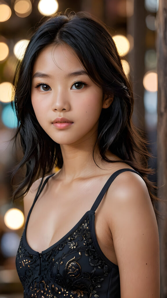 a breathtakingly realistic portrayal of a (((Asian Vietnamese teenage girl))) with intricate details and exquisite features, her (((straight black soft hair))) is luxuriously detailed, reflecting soft, (dimmed light) around her (13-year-old face) with its (perfectly rounded contours) and (detailed, brown eyes), she wears a super short, tight (grey tank top) that showcases her (flawlessly proportioned upper body)