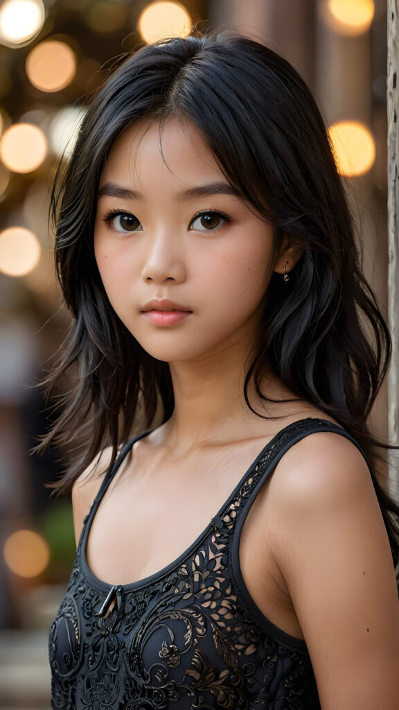 a breathtakingly realistic portrayal of a (((Asian Vietnamese teenage girl))) with intricate details and exquisite features, her (((straight black soft hair))) is luxuriously detailed, reflecting soft, (dimmed light) around her (13-year-old face) with its (perfectly rounded contours) and (detailed, brown eyes), she wears a super short, tight (grey tank top) that showcases her (flawlessly proportioned upper body)