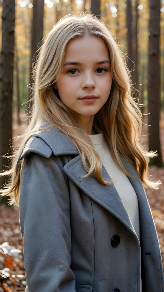 a breathtakingly beautiful natural (((teen girl))) with warm brown eyes and luxuriously thick (((blond soft hair, shoulder-length hair))), full lips, ((wears a grey winter coat and stands in an autumnal forest))