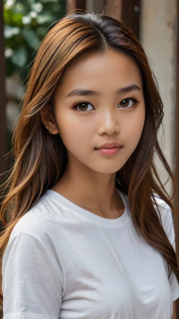 a breathtakingly (((realistic portrait))), capturing the essence of youthful beauty, featuring a (((Burmese teen girl))) who exudes (((serene elegance))), with long, flowing (((straight hazelnut hair))), and a (((flawlessly detailed angelic face))), where her (((soft, realistic hazelnut eyes)) ) gaze sadly towards the viewer from a (side perspective). She is clad in a (super short, sharply tailored (((white T-shirt))), cut from thin silk), with flawless anatomical proportions that draw the eye, against a (subtle, uncluttered backdrop of white). The overall atmosphere evokes a (cinematic sophistication) that exudes timeless appeal