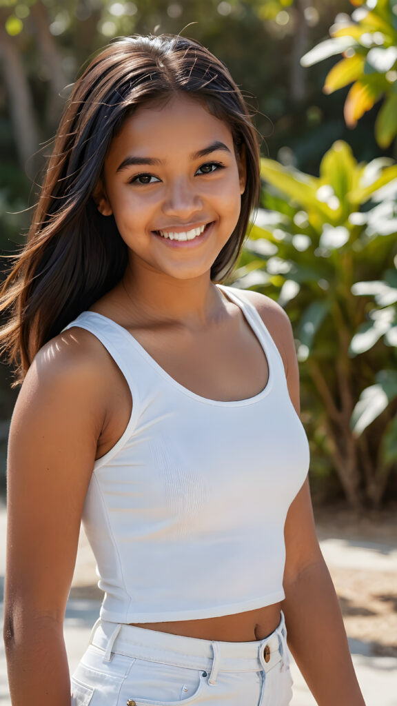 a (((brown-skinned teen girl))) with a joyful and sunny smile, wearing a sleek and fitted short crop white tank top that showcases her perfect, curves, captured in a (((flawless portrait))), with black long straight smooth hair