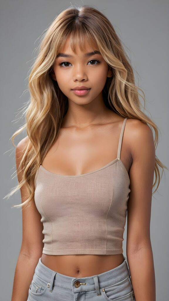 a brown-skinned (((gorgeous stunning cute young perfectly curved teen model girl, thin spaghetti cropped tank top))), 14 years old, with (((light brown-blonde very long soft jet hair, bangs))), featuring (((full lips))), and a (((small flawless round face))) ((grey background))