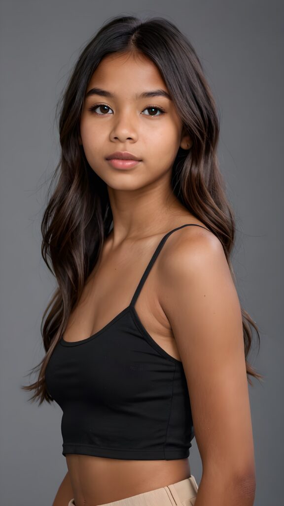 a brown-skinned (((gorgeous stunning cute young perfectly curved Indigenous teen model girl, thin spaghetti cropped tank top))), 13 years old, with (((light brown-black very long soft jet hair, bangs))), featuring (((full lips))), and a (((small flawless round face))) ((grey background))