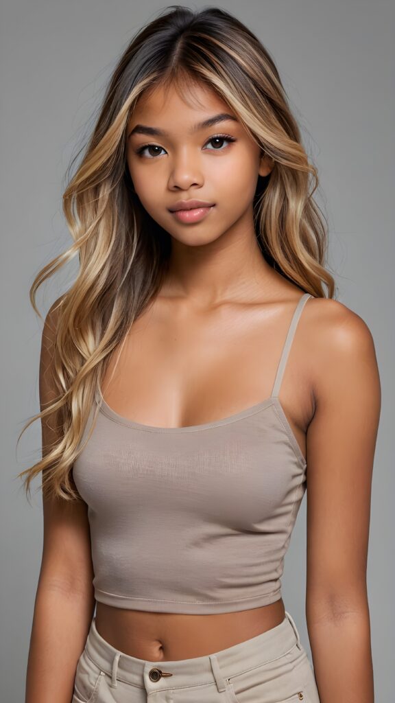 a brown-skinned (((gorgeous stunning cute young perfectly curved teen model girl, thin spaghetti cropped tank top))), 14 years old, with (((light brown-blonde very long soft jet hair, bangs))), featuring (((full lips))), and a (((small flawless round face))) ((grey background))