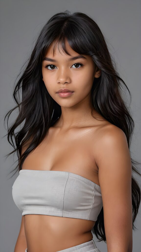 a brown-skinned (((gorgeous stunning cute young perfectly curved Indigenous teen model girl, thin cropped light-grey tube top))), 13 years old, with (((black very long soft jet hair, bangs))), featuring (((full lips))), and a (((small flawless round face))) ((grey background))