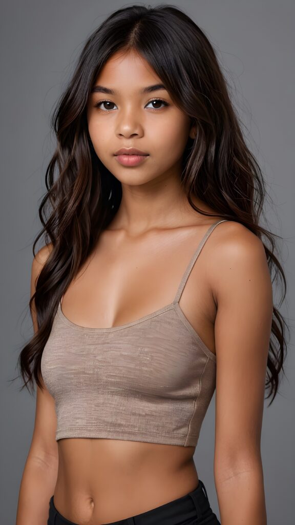 a brown-skinned (((gorgeous stunning cute young perfectly curved Indigenous teen model girl, thin spaghetti cropped tank top))), 13 years old, with (((light brown-black very long soft jet hair, bangs))), featuring (((full lips))), and a (((small flawless round face))) ((grey background))