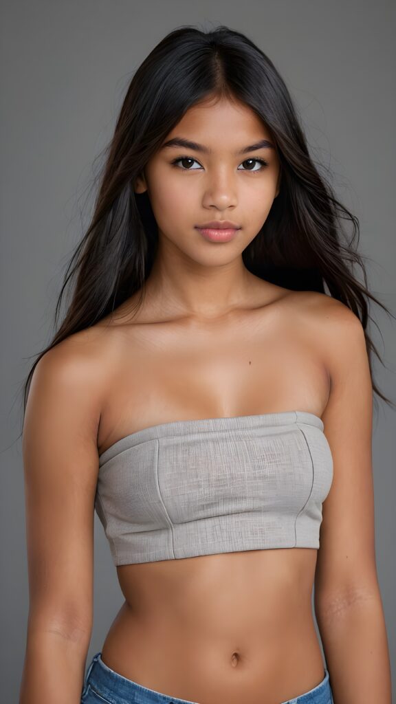 a brown-skinned (((gorgeous stunning cute young perfectly curved Indigenous teen model girl, thin cropped light-grey tube top))), 13 years old, with (((black very long soft jet hair, bangs))), featuring (((full lips))), and a (((small flawless round face))) ((grey background))