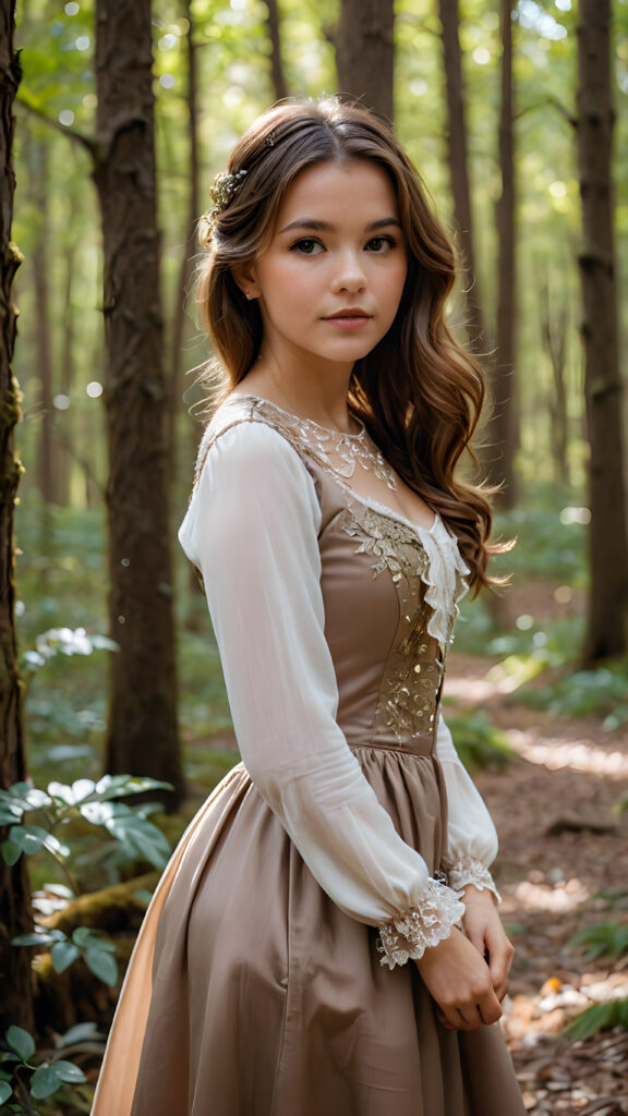 a busted girl posed in enchanted forest, thin elegant dressed, brown hair, detailed, perfect curved body, upper body, side view