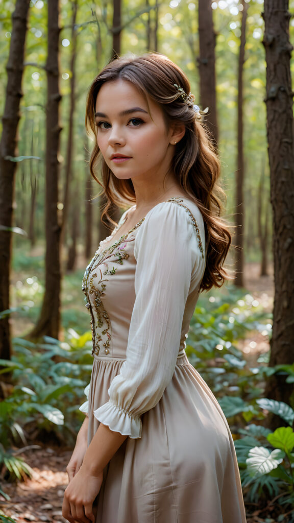 a busted girl posed in enchanted forest, thin elegant dressed, brown hair, detailed, perfect curved body, upper body, side view