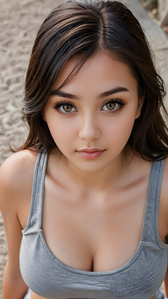 a (((busty teen girl))) with long, luxurious obsidian hair and softly arched eyebrows, framing piercingly beautiful, ((light brown eyes)), ((she wears a grey soft and short cropped tank top)) ((view from above))