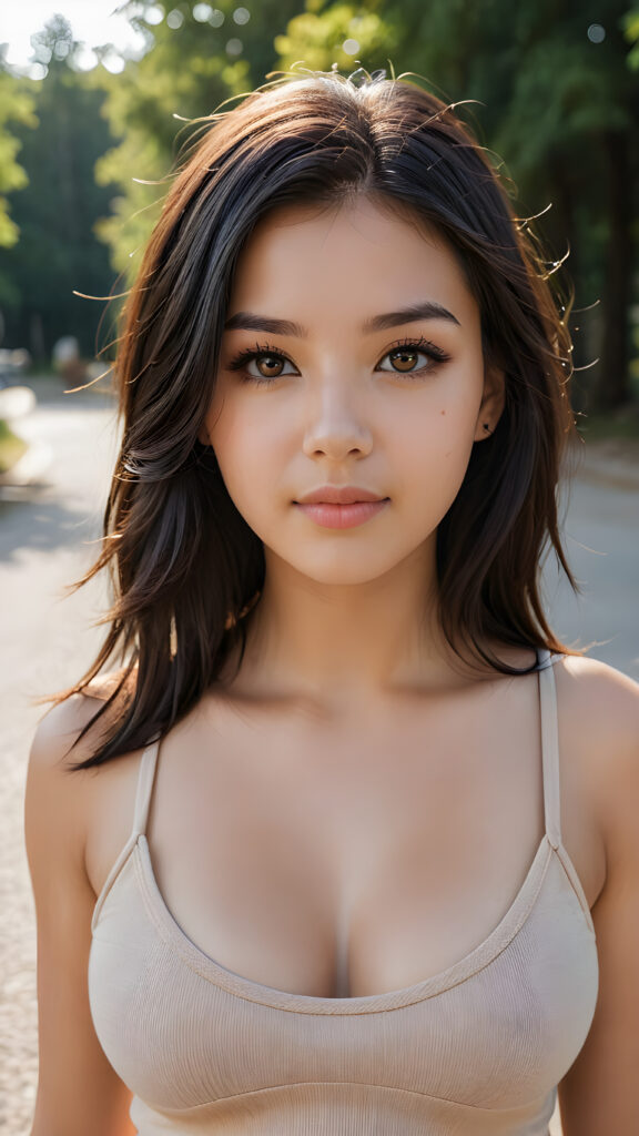 a (((busty teen girl))) with long, luxurious obsidian hair and softly arched eyebrows, framing piercingly beautiful, ((light brown eyes)), ((she wears a soft and short cropped tank top))