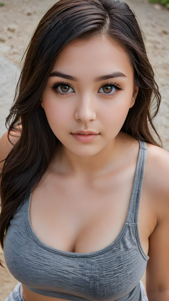 a (((busty teen girl))) with long, luxurious obsidian hair and softly arched eyebrows, framing piercingly beautiful, ((light brown eyes)), ((she wears a grey soft and short cropped tank top)) ((view from above))