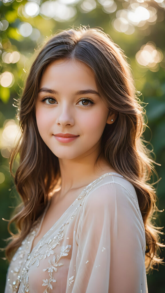 a captivating portrait of a young girl, 13 years old, with long, flowing hair that shimmers like silk, cascading over her shoulders. Her round face radiates warmth, framed by delicate strands of hair, while her enchanting, expressive eyes sparkle with curiosity and wonder. Full, rosy lips curve into a gentle smile, inviting connection. The background blurs into a dreamy bokeh of pastel colors, reminiscent of Impressionist paintings, evoking a sense of whimsy and innocence. Sunlight filters softly through, casting a golden glow and enhancing the ethereal quality of this moment.