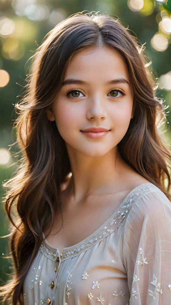 a captivating portrait of a young girl, 13 years old, with long, flowing hair that shimmers like silk, cascading over her shoulders. Her round face radiates warmth, framed by delicate strands of hair, while her enchanting, expressive eyes sparkle with curiosity and wonder. Full, rosy lips curve into a gentle smile, inviting connection. The background blurs into a dreamy bokeh of pastel colors, reminiscent of Impressionist paintings, evoking a sense of whimsy and innocence. Sunlight filters softly through, casting a golden glow and enhancing the ethereal quality of this moment.