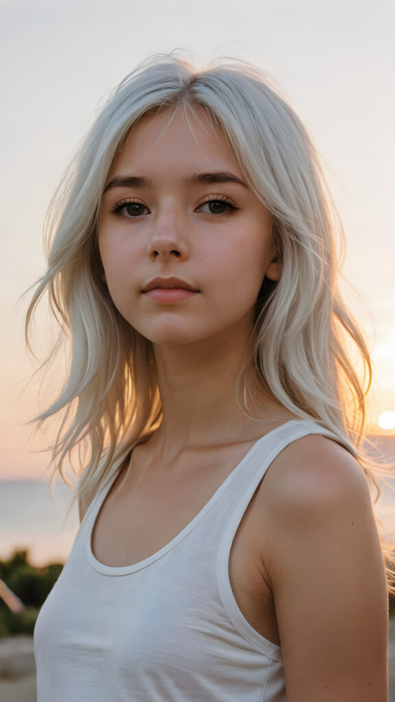 a (((cinematic scene))) featuring a (((very cute teen girl))), with details like a side-perspective hairstyle featuring bangs, straight, (((detailed long white hair))), an angelically perfect facial structure, and a super short, tight, (((plain fine tank top))) all against a backdrop of a (softly glowing, side-perspective) sunset